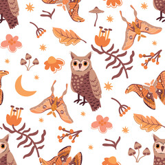 
Magic seamless pattern with flying celestial moth,owl,mushroom,moon,  plants.Cartoon background with botanical elements and wild animals.Boho print on fabric and paper.Vector illustration on white.