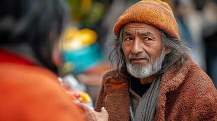 Obraz premium A man with a beard and a hat is talking to a woman