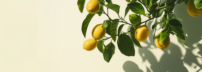 Yellow lemons hanging on a branch with green leaves on white background. AI generation