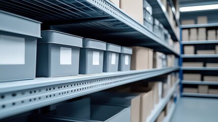 Fototapeta premium Empty labels attached to shelves or storage bins, suggesting a system for organizing items with space for written details.