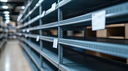 Obraz premium Empty store shelves with price tags attached.