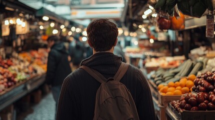A man wearing a backpack walks through a market with a variety of fruits