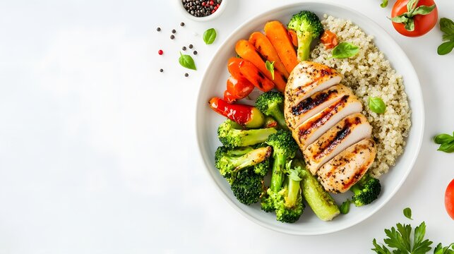 A realistic top view of a plate of grilled chicken breast with a side of steamed vegetables and quinoa, arranged on a white background, Healthy Food.