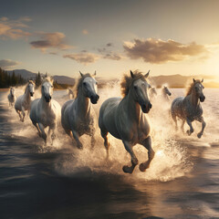 Fototapeta premium Horses in motion, running through water, with splashes surrounding them, capturing the essence of wild beauty and grace.