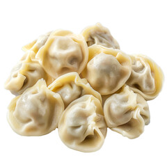 Pile of cooked dumplings with meat filling is lying on a white background