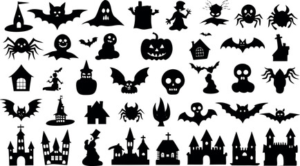 Set of silhouettes of Halloween on a white background. template and decoration. Vector illustration