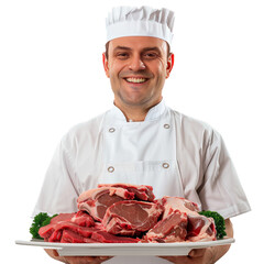 Butcher is smiling while holding a tray full of various cuts of red meat