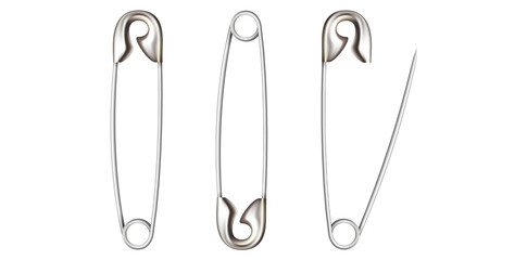 Set Of Realistic Silver Safety Pins Vector Illustration.	