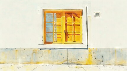 Fototapeta premium A yellow window on a white wall, with a white tiled floor and a white wall behind it