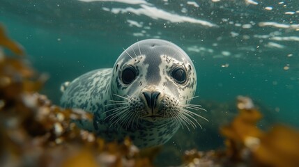 Fototapeta premium Young harbor seal swimming underwater in blue ocean water
