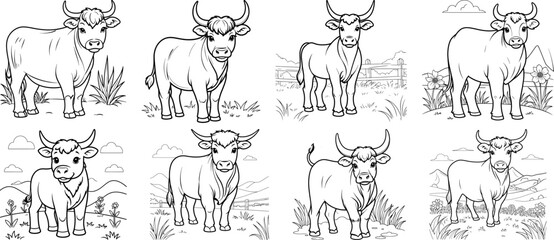 Buffalo and cow hand drawing coloring page and outline vector design