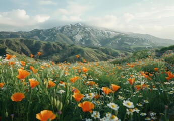 A field of orange and white flowers in a green meadow. AI.