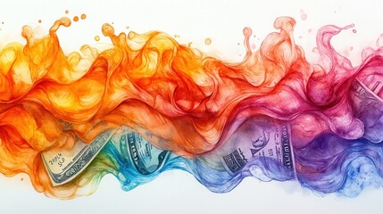 Watercolor Money Savings Flow - Close-up Artistic Representation with Space for Text