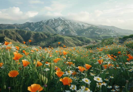 A field of orange and white flowers in a green meadow. AI.