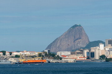 Rio de Janeiro Skyline from Rio Niteroi Bridge - Sugarloaf Mountain and Christ the Redeemer Statue Corcovado in the background