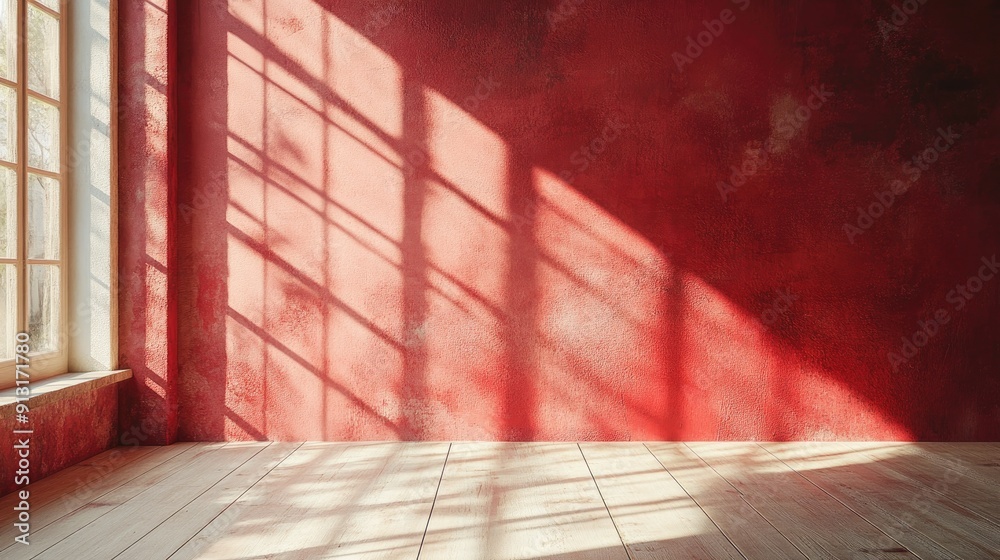 Poster sunlight casting geometric shadows on a red wall in an empty room