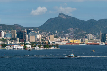 Rio de Janeiro Skyline from Rio Niteroi Bridge - Sugarloaf Mountain and Christ the Redeemer Statue Corcovado in the background