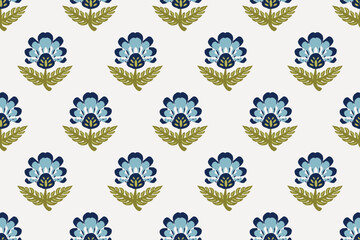 Floral ethnic ikat seamless pattern traditional design for background, carpet, wallpaper, clothing, wrapping, fabric, vector illustration, embroidery style, Ajrakh, block print, batik print allovers