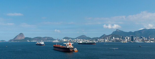Cargo Ships in Guanabara Bay in Rio de Janeiro Skyline - Christ the Redeemer Statue in the background