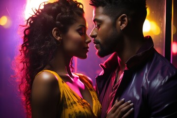 Passionate couple ready to kiss on violet and yellow, generative IA