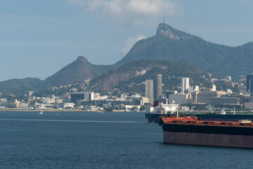 Cargo Ships in Guanabara Bay in Rio de Janeiro Skyline - Christ the Redeemer Statue in the background