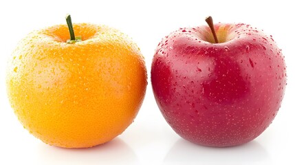 Orange and apple compare and show the difference between nutritional benefits on white background.
