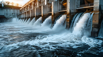 A hydroelectric dam with water flowing powerfully through turbines.