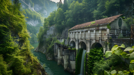 A hydroelectric plant with lush vegetation surrounding the structure.