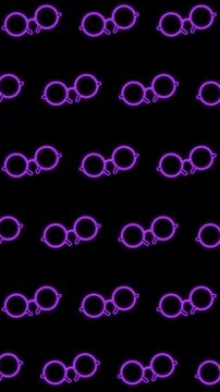Vertical Neon glowing glasses animated pattern isolated on black background, Old Fashioned model glasses in neon light, neon style effect Meta verse and viral reality design Glowing neon line glasses.