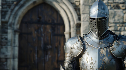 A knight in shining armor standing guard at a castle gate.