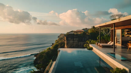 A luxurious clifftop retreat with a private pool and expansive views of the ocean and horizon.