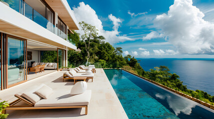 A luxurious hillside villa with a spacious terrace and panoramic ocean views.