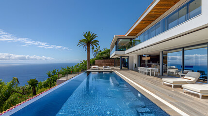 A luxurious hillside villa with a spacious terrace and panoramic ocean views.