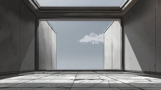   An empty room with a skylight and a small cloud in the center of the space, viewed from across the room