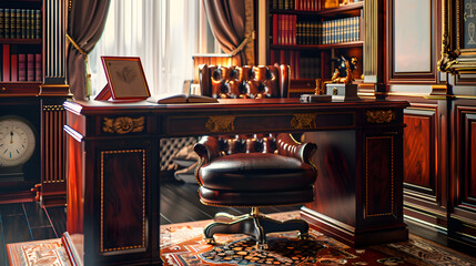 A luxurious home office with a leather chair and mahogany desk.