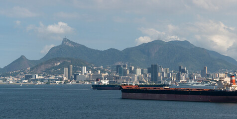 Cargo Ships in Guanabara Bay in Rio de Janeiro Skyline - Christ the Redeemer Statue in the background