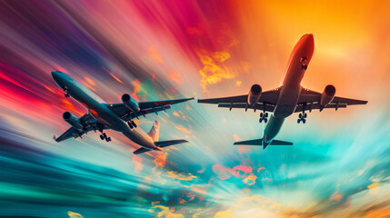 Airplanes are flying over a colorful abstract background. This image represents the airlines industry and the transportation of people and goods by air.