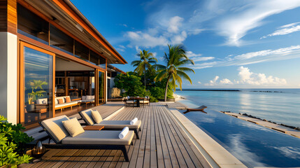 A luxurious island villa with private beach access and a spacious outdoor lounge area.