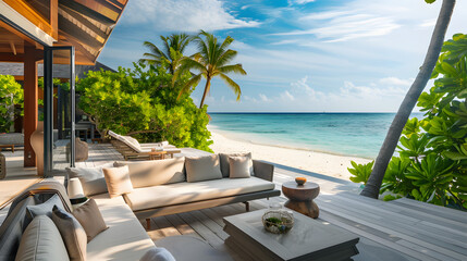 A luxurious island villa with private beach access and a spacious outdoor lounge area.