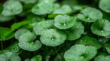 botanical beauty, close-up of thriving centella asiatica plants in a lush garden, highlighting their stunning beauty and resilience an image capturing natures magic