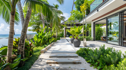 A luxurious tropical villa with a private beach and lush gardens designed for relaxation and privacy.