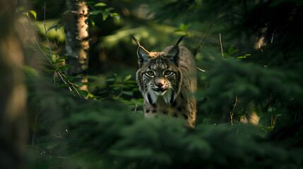 A lynx stealthily moving through a forest with its eyes focused ahead.