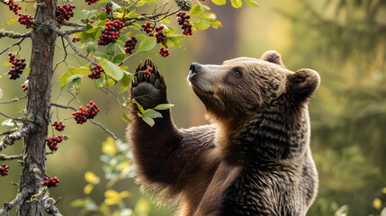 A majestic bear standing on its hind legs reaching for berries on a tree in the forest.