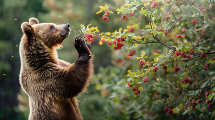 A majestic bear standing on its hind legs reaching for berries on a tree in the forest.