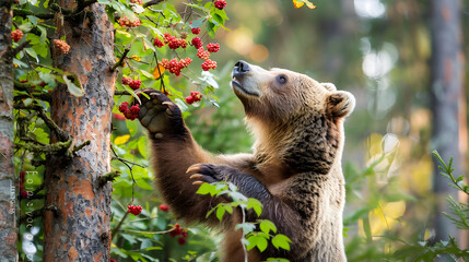 A majestic bear standing on its hind legs reaching for berries on a tree in the forest.