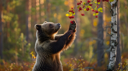 A majestic bear standing on its hind legs reaching for berries on a tree in the forest.