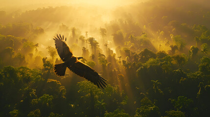 A majestic eagle soaring above a dense forest canopy with the morning sun in the background.