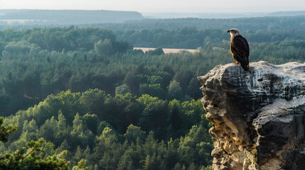 A majestic eagle perched on a high rock overlooking a dense forest with the horizon in the background.