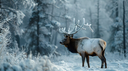 A majestic elk standing in a snow-covered forest its antlers frosted with ice.
