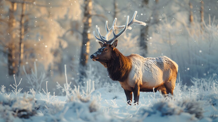 A majestic elk standing in a snow-covered forest its antlers frosted with ice.